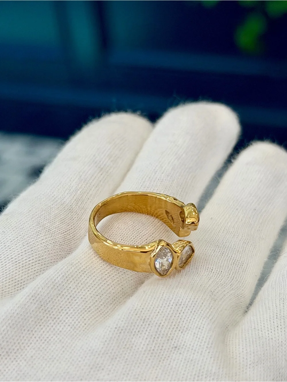 New Gold Tone Front-Opening Teardrop Crystal Cuff Ring — Adjustable Fit US Sizes